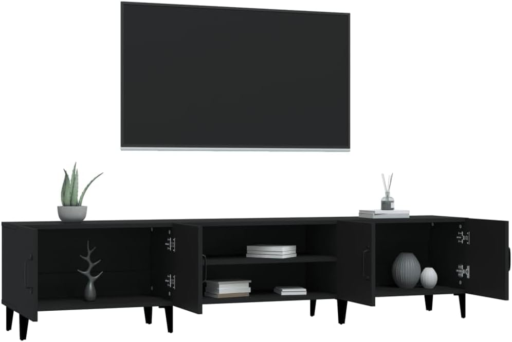 TV Schrank Weiß oder Schwarz 180 cm lang | Fernsehschrank aus Holz | Fernsehtisch & TV Lowboard schmal mit Fächern & Türen (Schwarz)