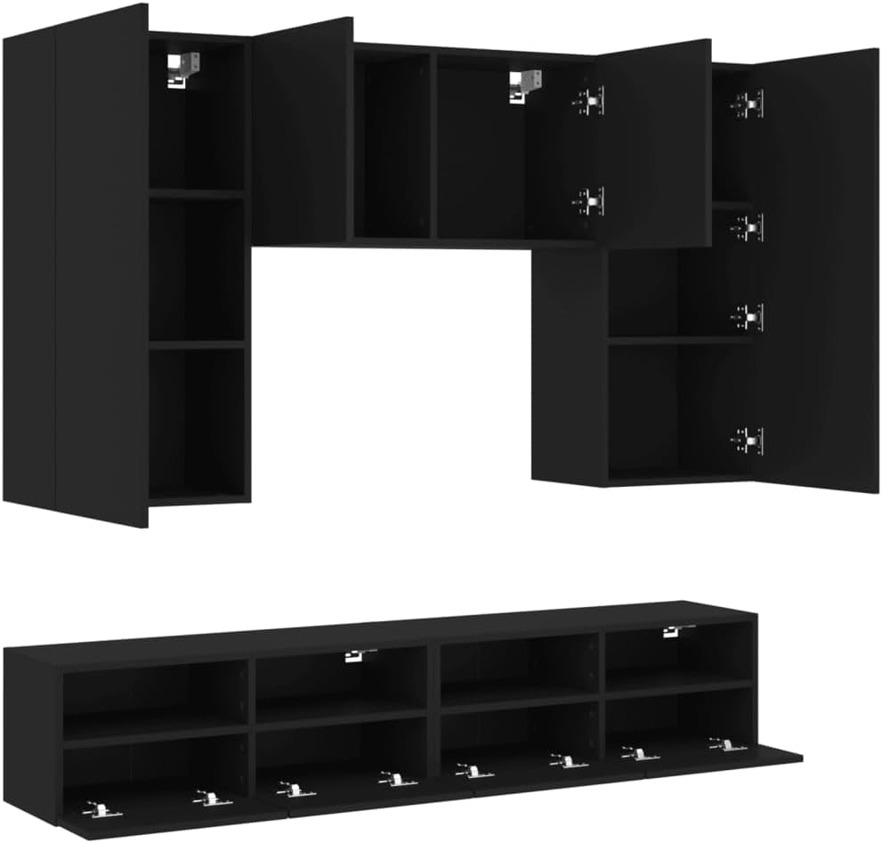 Wohnwand Wohnzimmer 5-teilig klein hängend | Wohnzimmerschrank Weiß, Schwarz, Eiche, Beton für Fernseher bis 35 Zoll | TV Wandschrank Schrankwand aus Holz Gesamtbreite 160 cm (Schwarz)