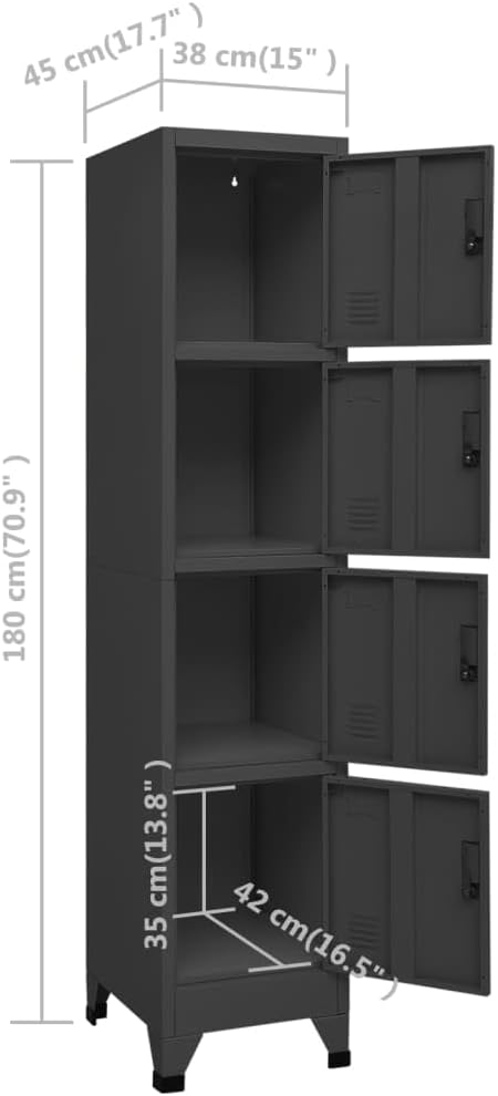 Hochwertiger Büroschrank abschließbar Schwarz aus Metall | Aktenschrank mit 4 Fächern 180x38x45 cm | Metallschrank Anthrazit