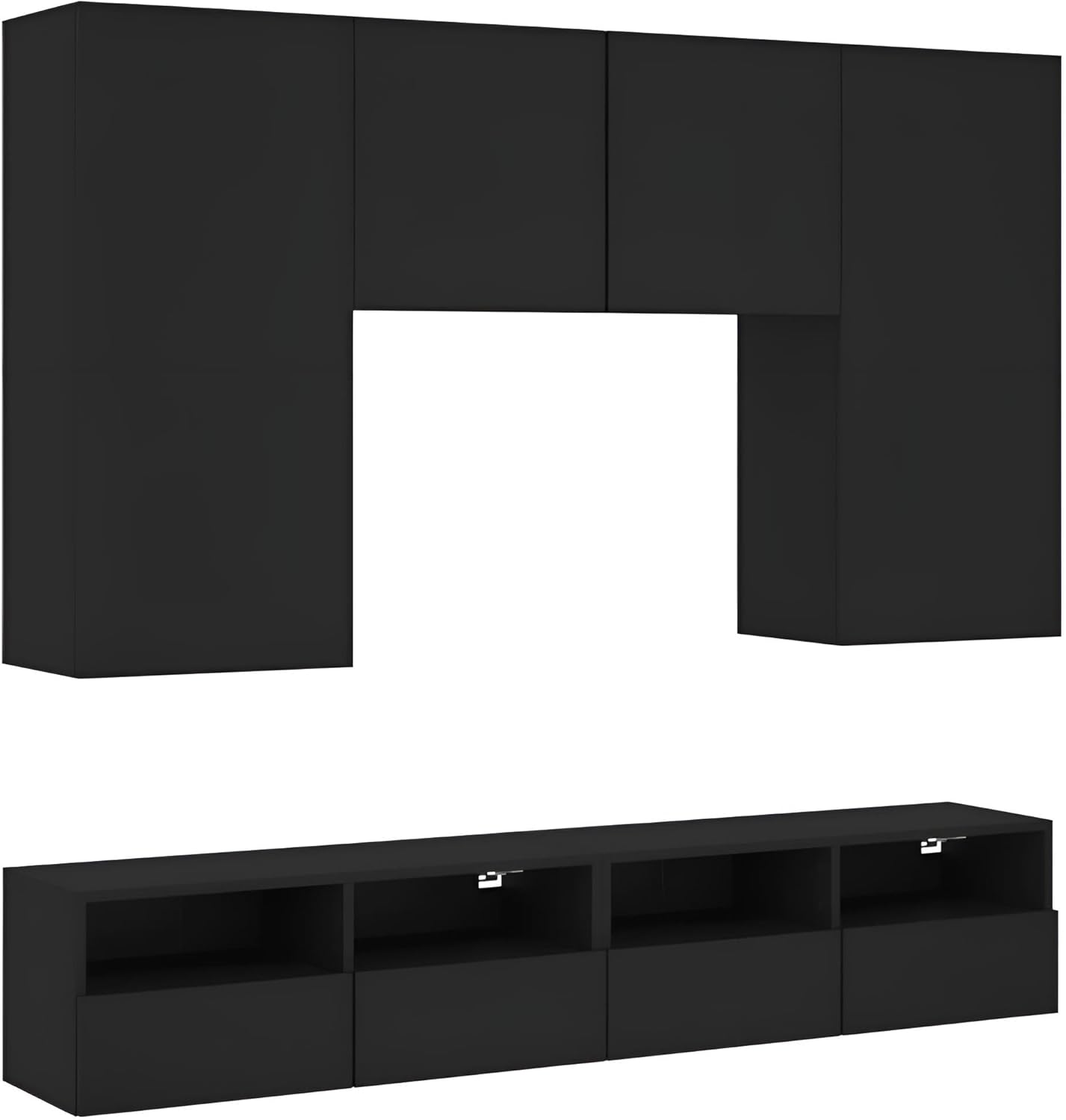 Wohnwand Wohnzimmer 5-teilig klein hängend | Wohnzimmerschrank Weiß, Schwarz, Eiche, Beton für Fernseher bis 35 Zoll | TV Wandschrank Schrankwand aus Holz Gesamtbreite 160 cm (Schwarz)