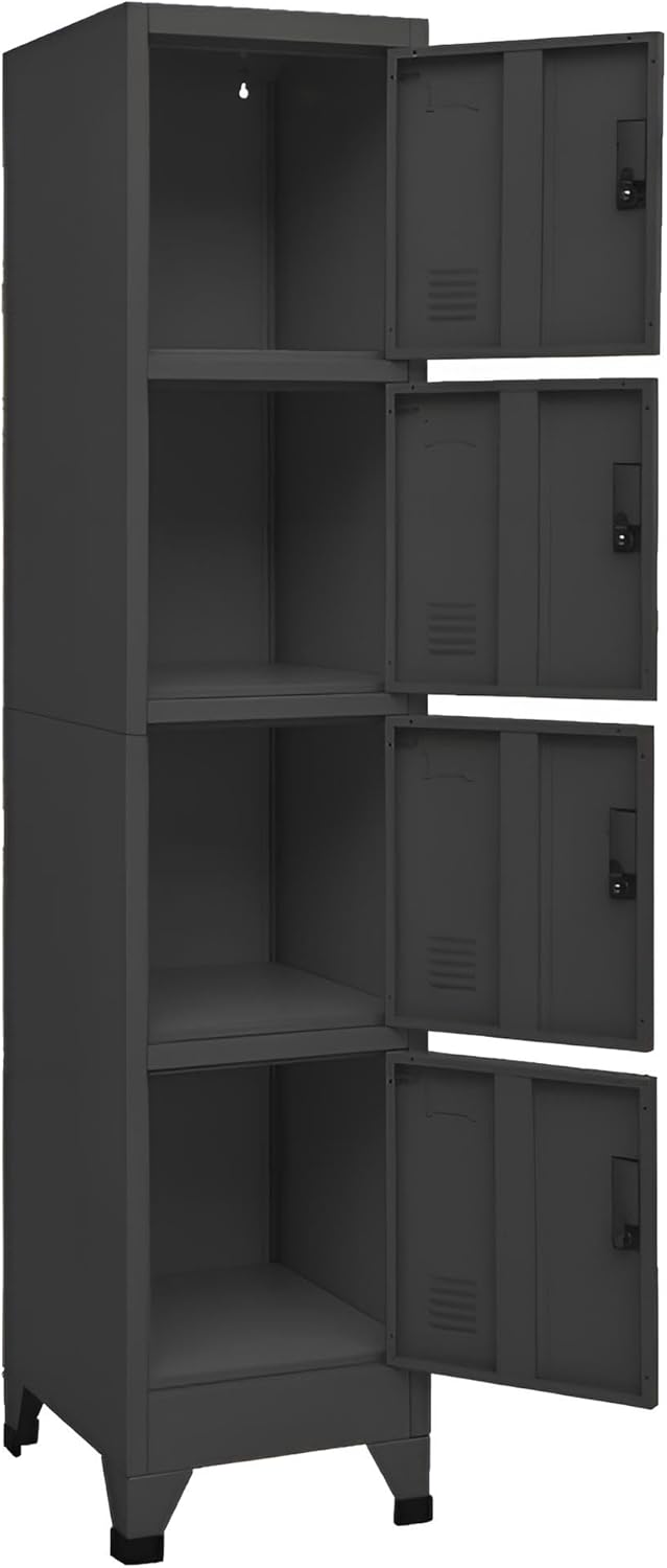 Hochwertiger Büroschrank abschließbar Schwarz aus Metall | Aktenschrank mit 4 Fächern 180x38x45 cm | Metallschrank Anthrazit