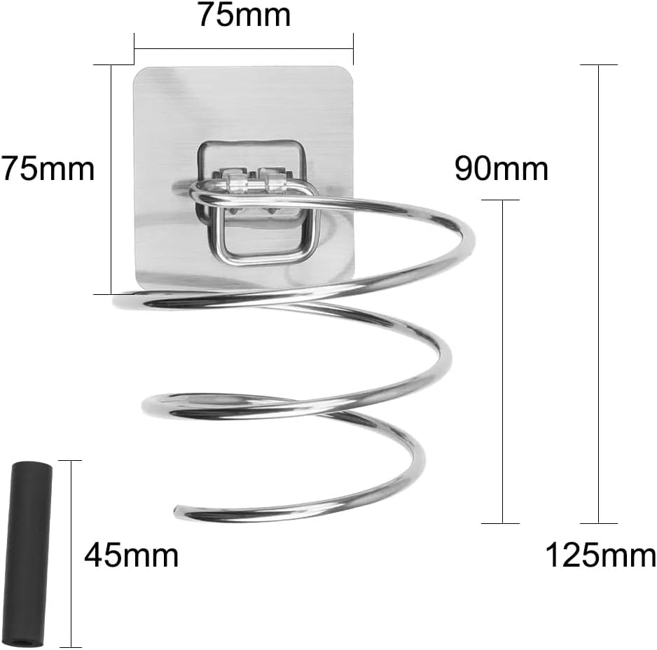 Fönhalter ohne Bohren in Silber aus Edelstahl | Föhn Halterung Wand zum Kleben | Spiral-Fönhalterung selbstklebend ohne Bohren | Haartrocknerhalter