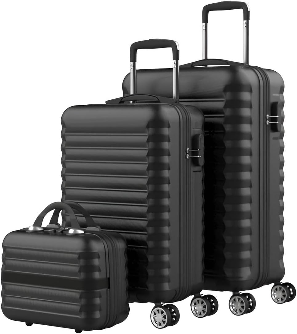 Koffer & Trolleys Set mit 4 Rollen | Hartschalen-Koffer, Kofferset, Reisekoffer 5 kg, 13 kg & 18 kg | ABS-Koffer klein, mittelgroß & groß in Schwarz