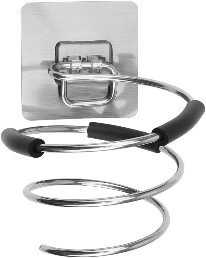 Fönhalter ohne Bohren in Silber aus Edelstahl | Föhn Halterung Wand zum Kleben | Spiral-Fönhalterung selbstklebend ohne Bohren | Haartrocknerhalter
