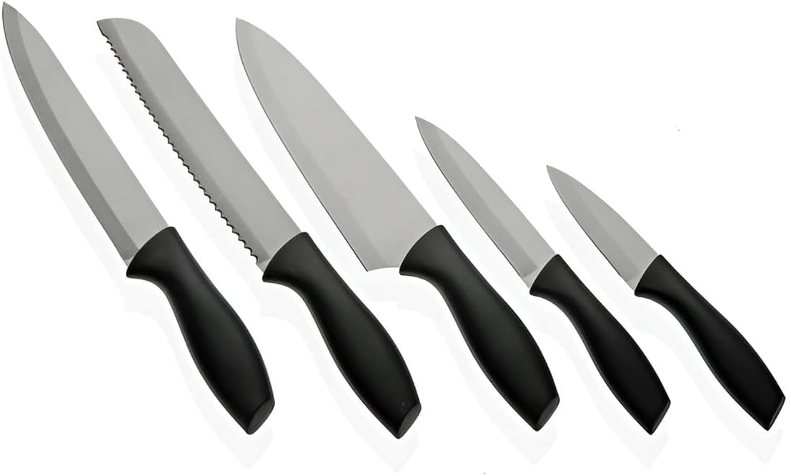 Küchenmesser Set scharf mit Block in Schwarz | Messerset Küche 5-teilig mit Messerblock | Kunststoff-Griffe