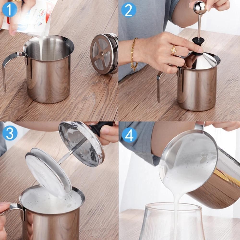 Milchaufschäumer manuell Edelstahl poliert | 400ml für 2-3 Portionen innerhalb kürzester Zeit | Milchschaum händisch machen