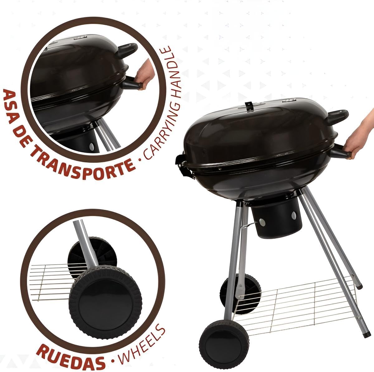 Premium Kugelgrill 57 cm Edelstahl mit Deckel-Thermometer | Holzkohlegrill mit Rollen, Belüftung & Warmhalterost