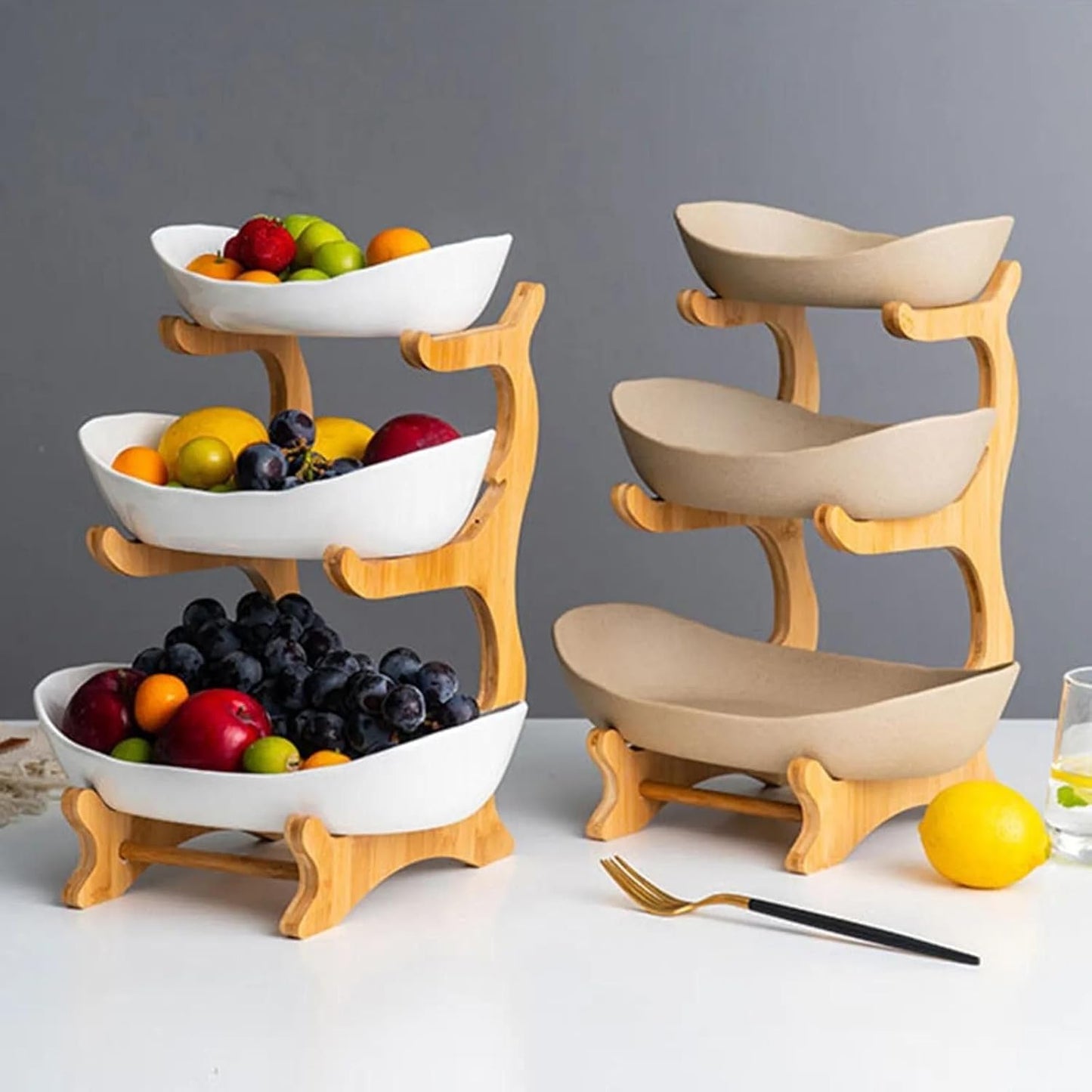 Premium Obstschale Keramik und Holz | Obst Etagere 3 stöckig | Obstkorb groß | Design-Früchteschale mehrstöckig (Weiß)