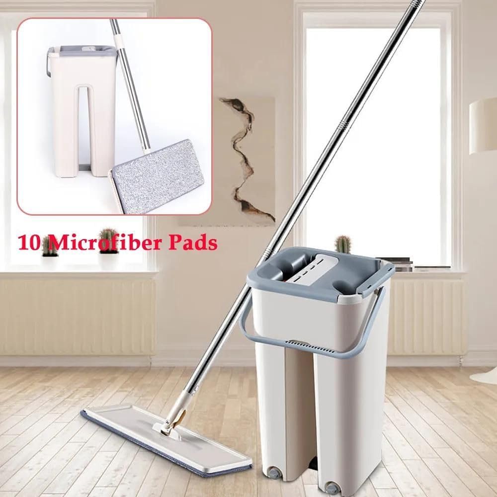 Mop mit Stiel, Eimer & Auswringfunktion | Wischmopp-Set mit Teleskopstange & 10 Mikrofaser-Pads