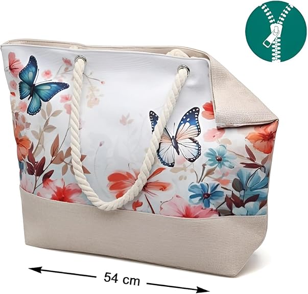 Premium Handtasche Strand Damen mit Reißverschluss | Strandtasche klein/mittelgroß verschiedene Motive | Große Tasche für Familie | Urlaubstasche (Schmetterlinge)