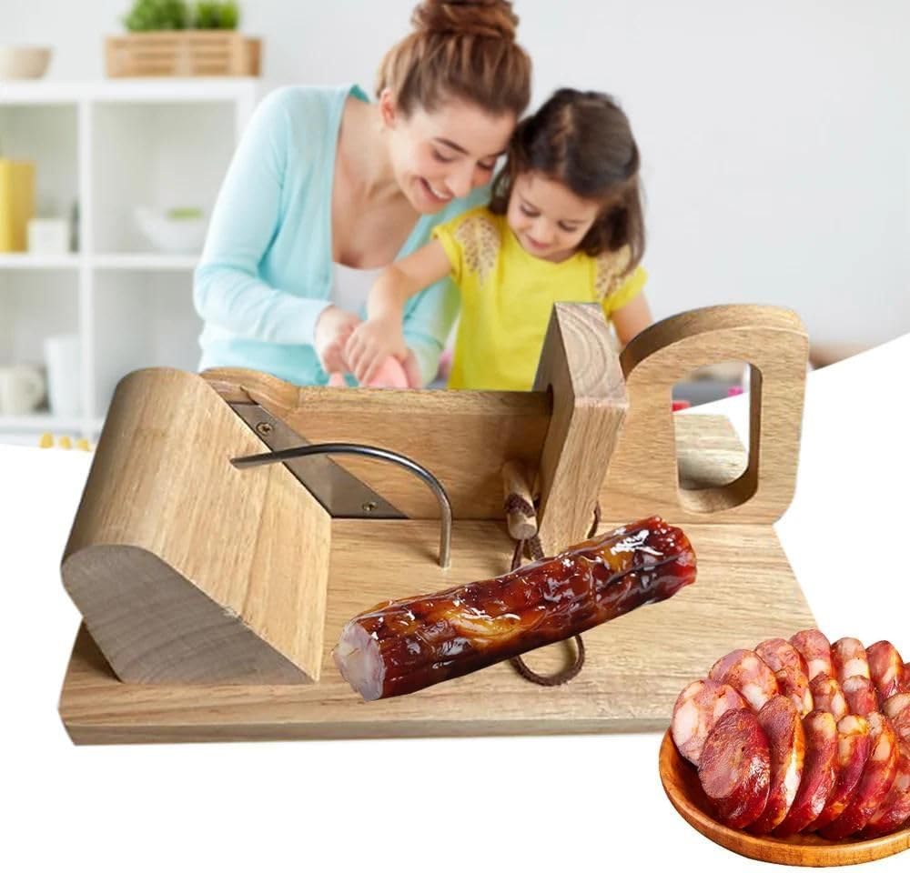 Premium Wurstschneider Holz manuell | Wursthobel mit Edelstahl-Klinge | Aufschnittmaschine Guillotine