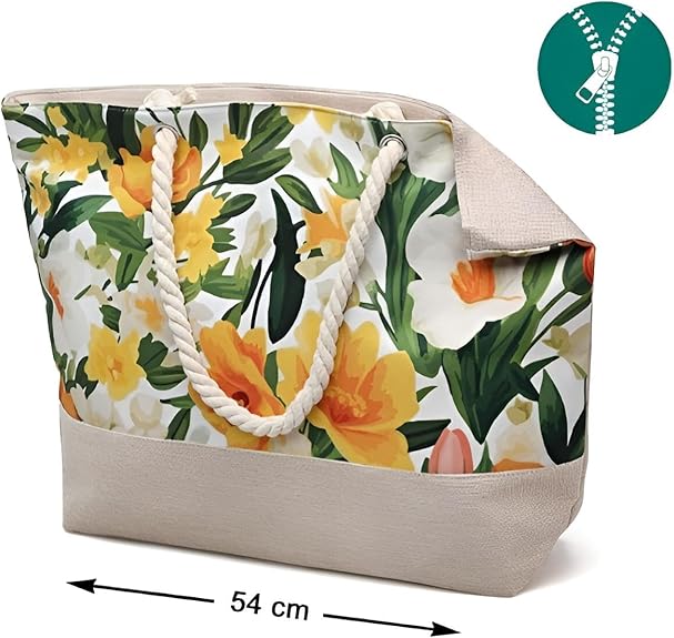 Premium Handtasche Strand Damen mit Reißverschluss | Strandtasche klein/mittelgroß verschiedene Motive | Große Tasche für Familie | Urlaubstasche (Gelbe Blumen)