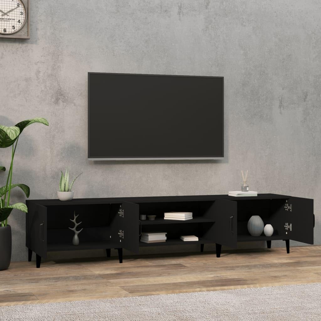 TV Schrank Weiß oder Schwarz 180 cm lang | Fernsehschrank aus Holz | Fernsehtisch & TV Lowboard schmal mit Fächern & Türen (Schwarz)