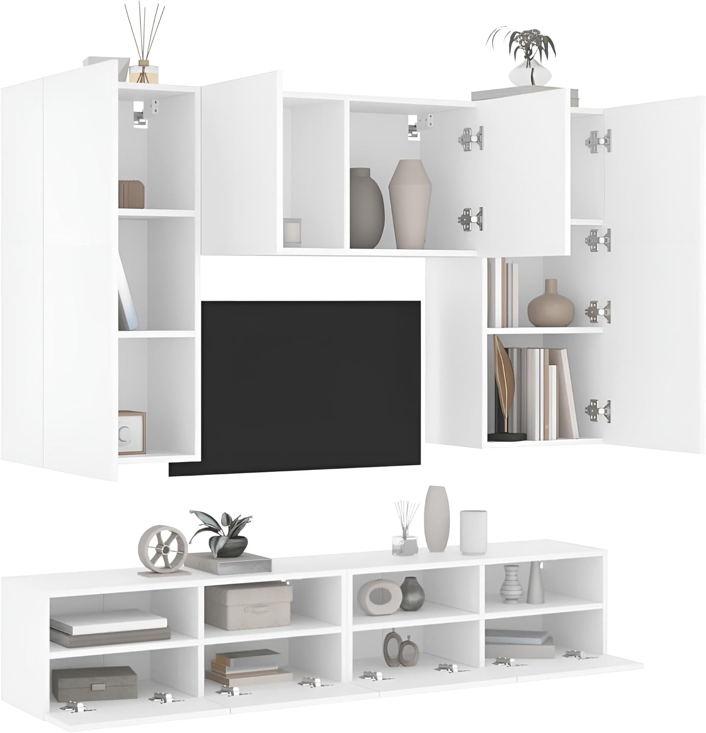Wohnwand Wohnzimmer 5-teilig klein hängend | Wohnzimmerschrank Weiß, Schwarz, Eiche, Beton für Fernseher bis 35 Zoll | TV Wandschrank Schrankwand aus Holz Gesamtbreite 160 cm (Weiß)
