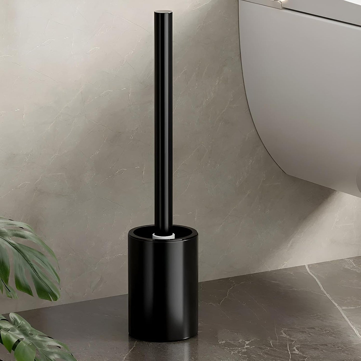 Premium Toilettenbürstenhalter Wandmontage ohne Bohren mit Bürste | WC-Bürstenhalter aus Aluminium für Wand | WC Garnitur Set zum Kleben in Schwarz/Weiß | Klobürste mit Halterung (Schwarz)