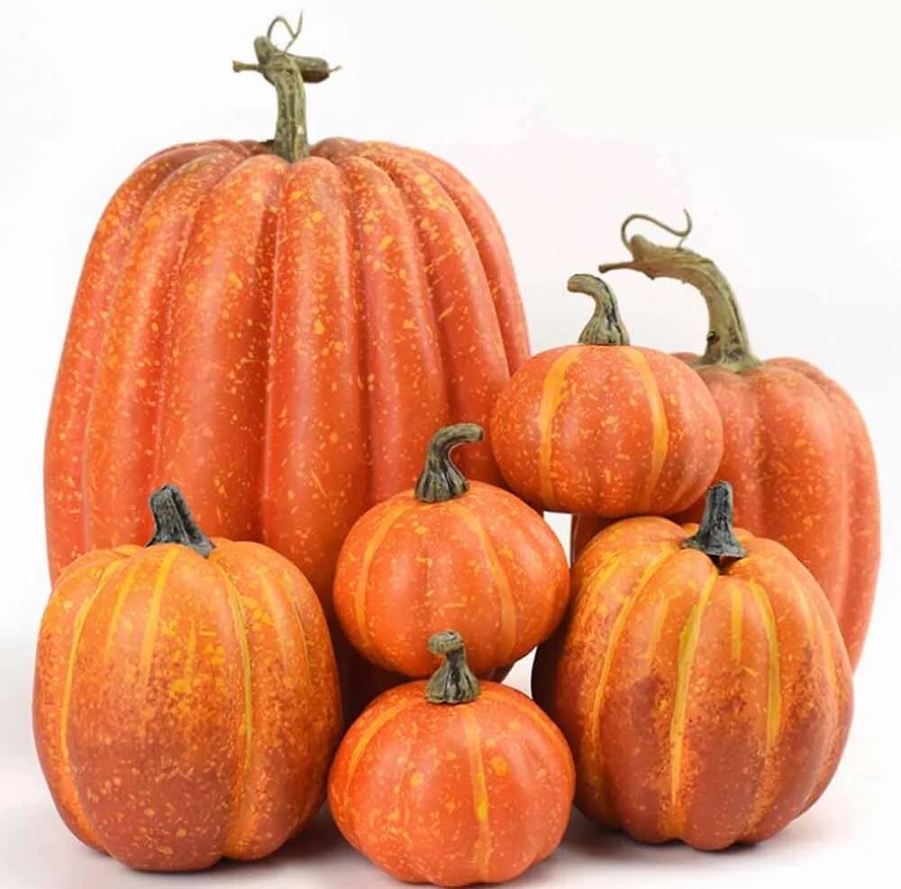 Kürbis Deko Plastik Herbst Halloween draußen & drinnen | Weiß & Orange | Set aus 7 Kürbissen groß & klein (Orange)
