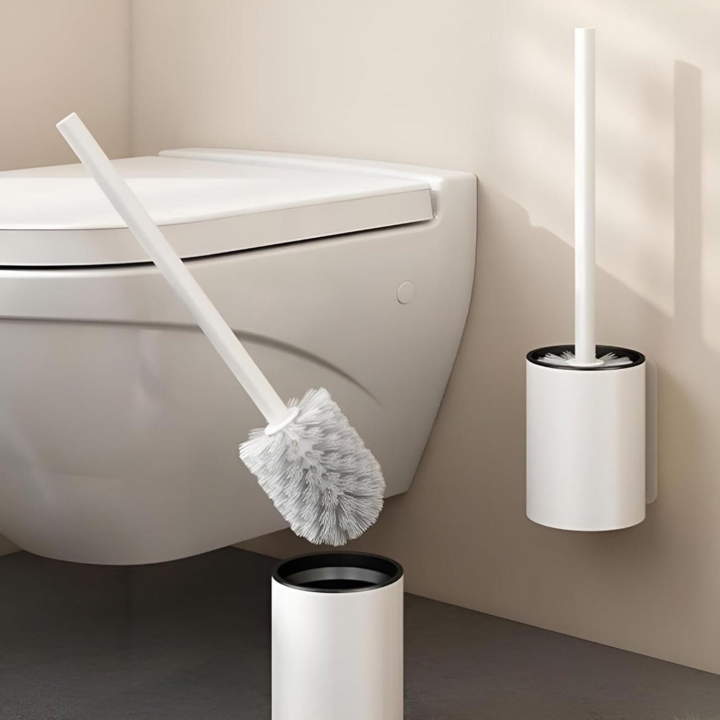 Premium Toilettenbürstenhalter Wandmontage ohne Bohren mit Bürste | WC-Bürstenhalter aus Aluminium für Wand | WC Garnitur Set zum Kleben in Schwarz/Weiß | Klobürste mit Halterung (Weiß)