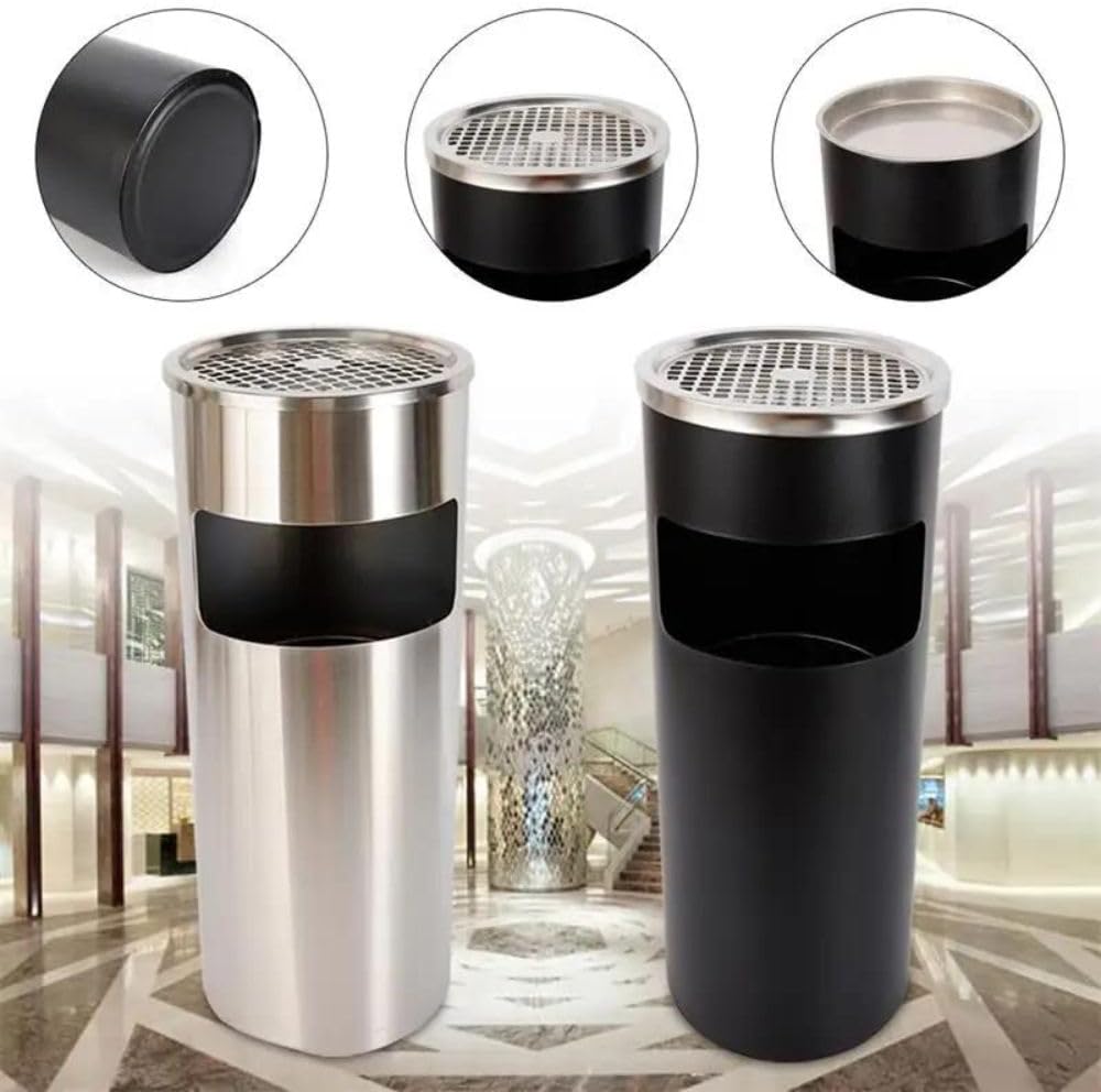 Standaschenbecher 30l Edelstahl | Mülleimer mit Aschenbecher 2-teilig draußen & drinnen | Abfalleimer in Schwarz oder Silber (Schwarz)