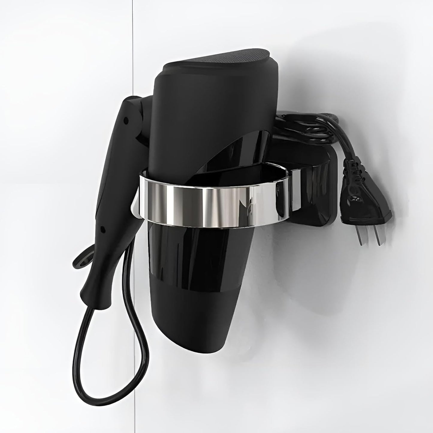 Fönhalter ohne Bohren Schwarz & Weiß | Föhn Halterung Wand zum Kleben | Fönhalterung selbstklebend ohne Bohren aus ABS-Kunststoff | Haartrocknerhalter (Schwarz)