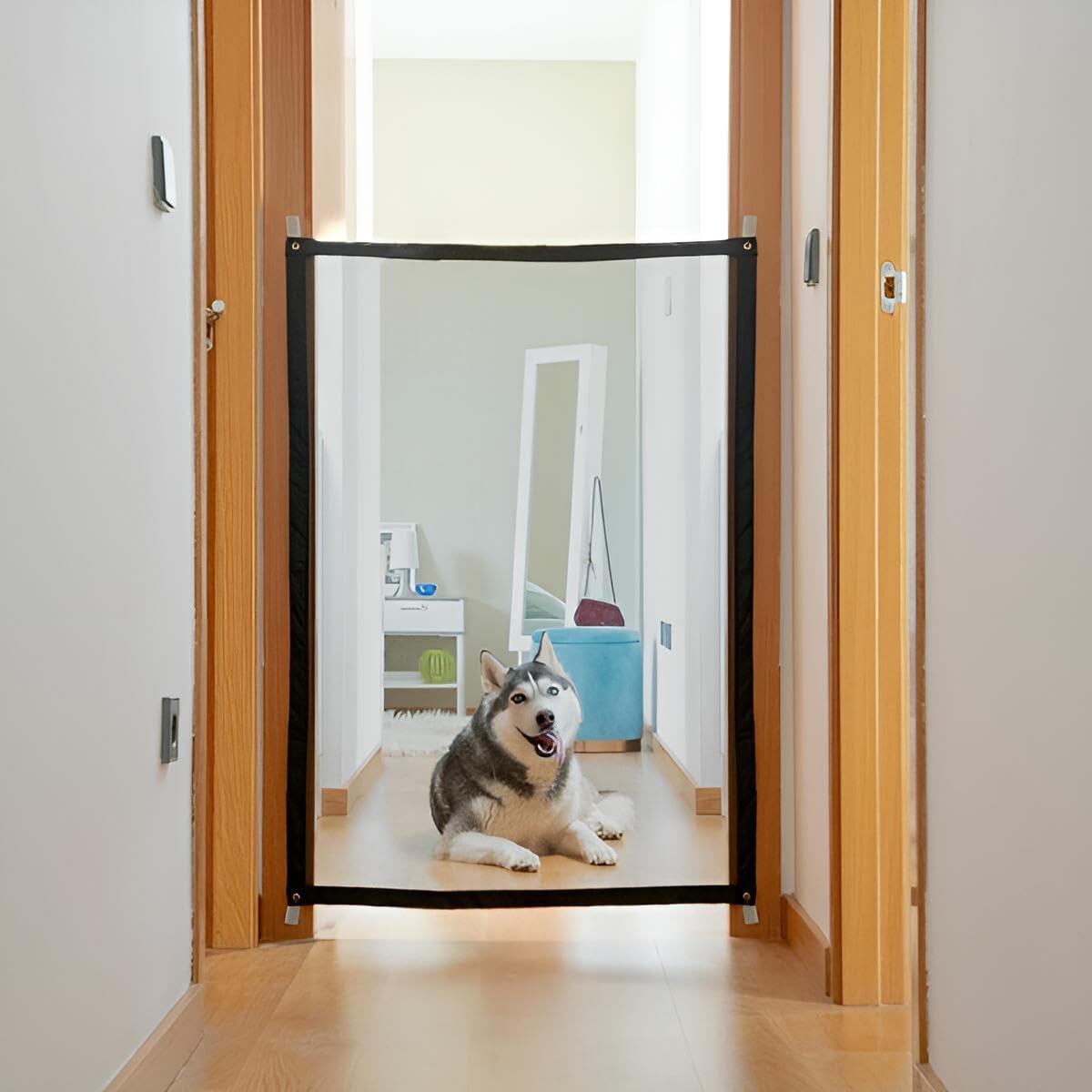 Premium Haustier-Sicherheitsnetz Sperre Blockade für Hunde, Katzen & mehr | Robuste Absperrung hochkant & quer verwendbar | 112x73 cm | Werkzeuglose Montage ohne Bohren zum Kleben