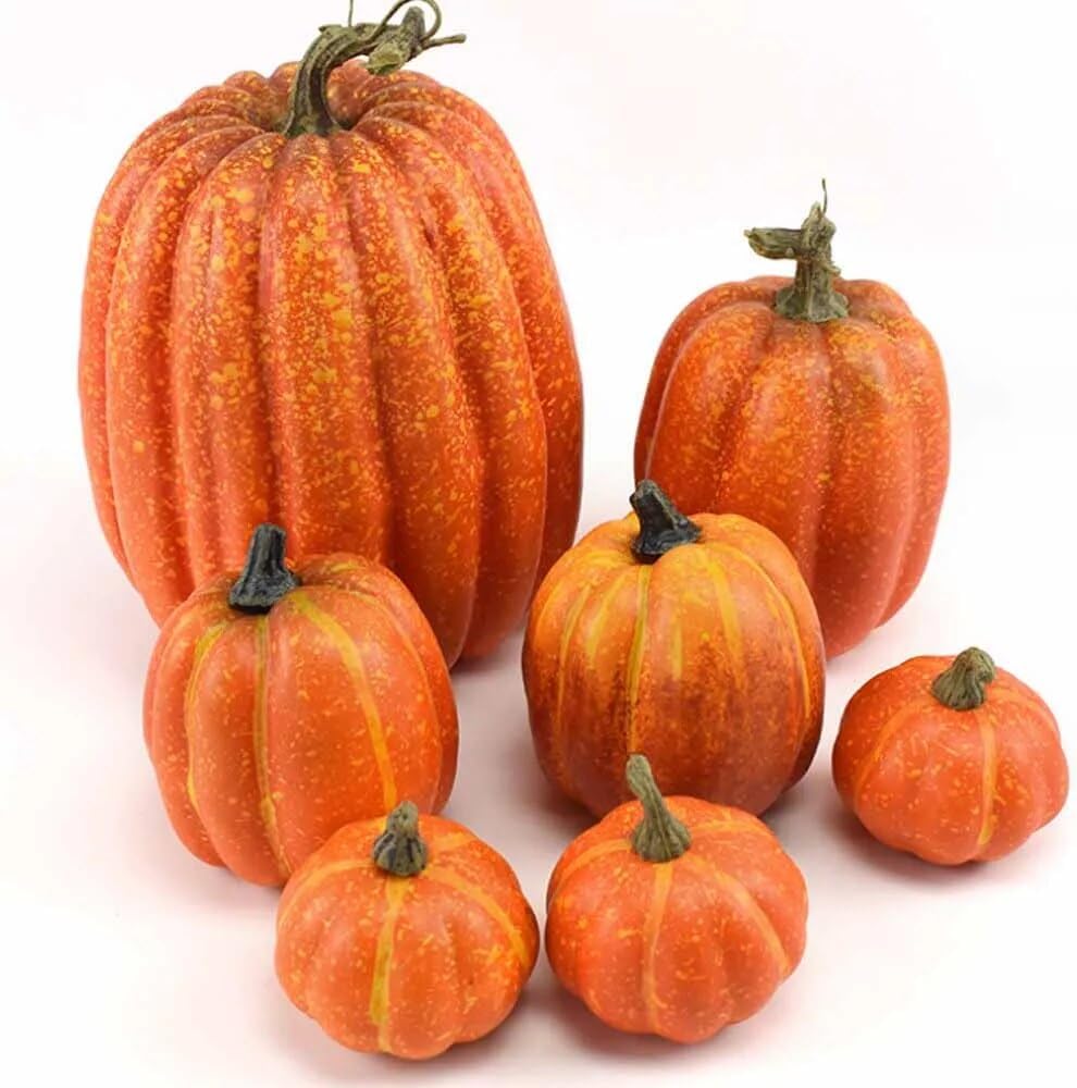 Kürbis Deko Plastik Herbst Halloween draußen & drinnen | Weiß & Orange | Set aus 7 Kürbissen groß & klein (Weiß)