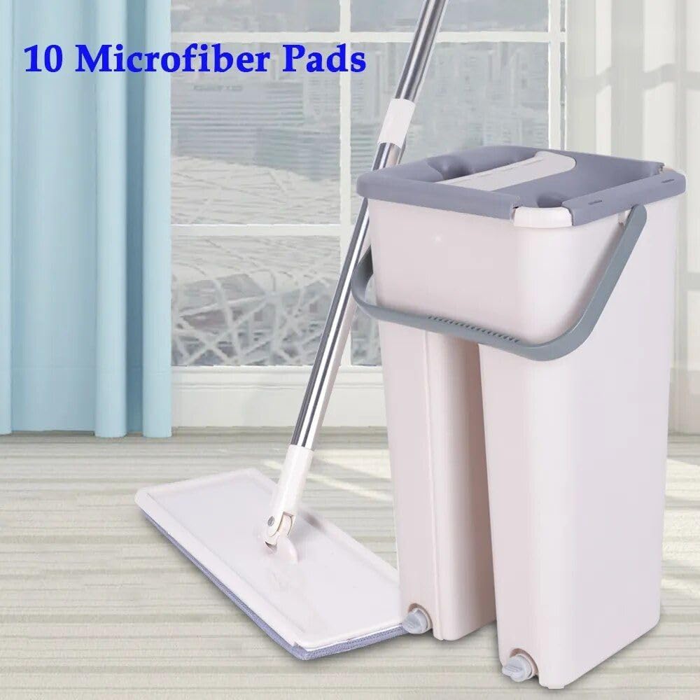 Mop mit Stiel, Eimer & Auswringfunktion | Wischmopp-Set mit Teleskopstange & 10 Mikrofaser-Pads