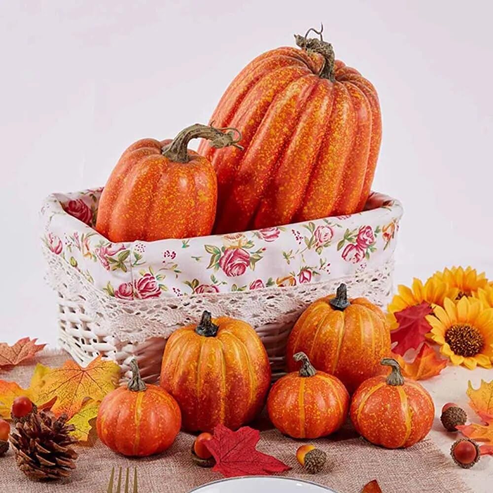 Kürbis Deko Plastik Herbst Halloween draußen & drinnen | Weiß & Orange | Set aus 7 Kürbissen groß & klein (Weiß)