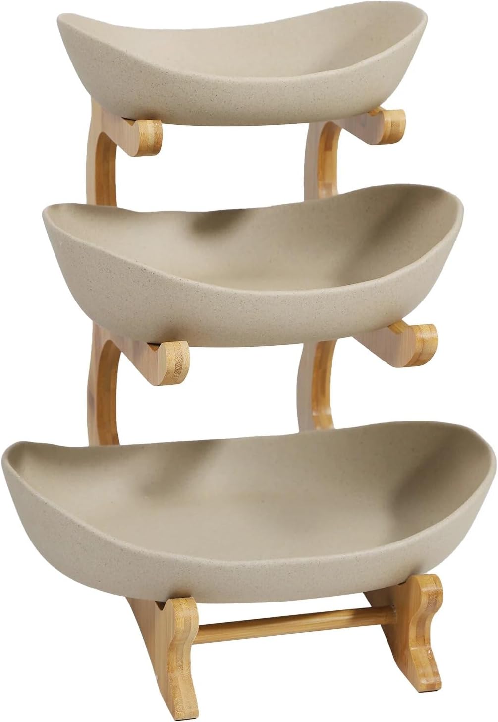 Premium Obstschale Keramik und Holz | Obst Etagere 3 stöckig | Obstkorb groß | Design-Früchteschale mehrstöckig (Weiß)