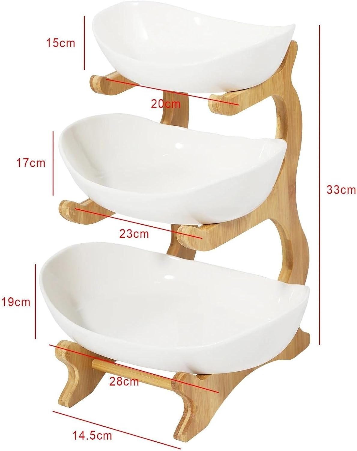 Premium Obstschale Keramik und Holz | Obst Etagere 3 stöckig | Obstkorb groß | Design-Früchteschale mehrstöckig (Weiß)