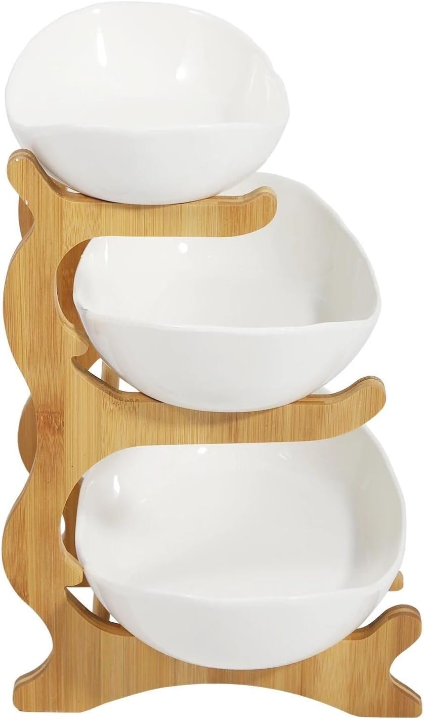 Premium Obstschale Keramik und Holz | Obst Etagere 3 stöckig | Obstkorb groß | Design-Früchteschale mehrstöckig (Weiß)