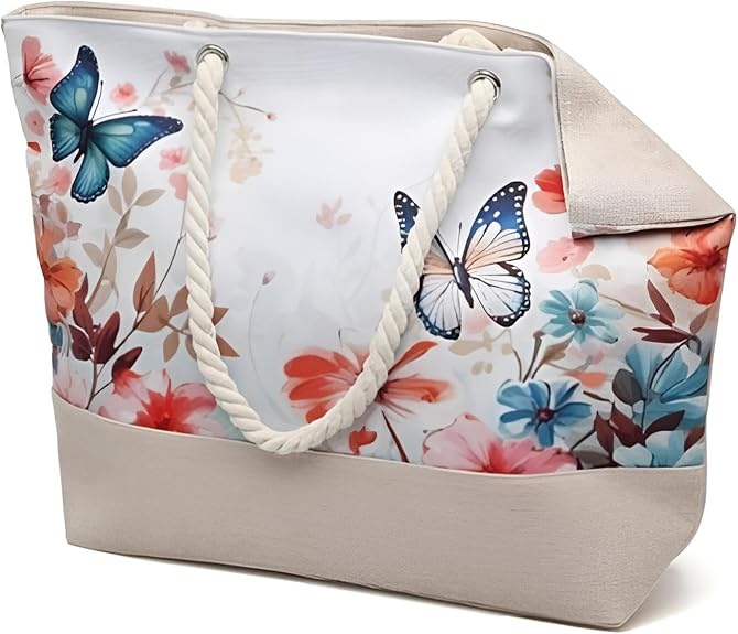 Premium Handtasche Strand Damen mit Reißverschluss | Strandtasche klein/mittelgroß verschiedene Motive | Große Tasche für Familie | Urlaubstasche (Schmetterlinge)