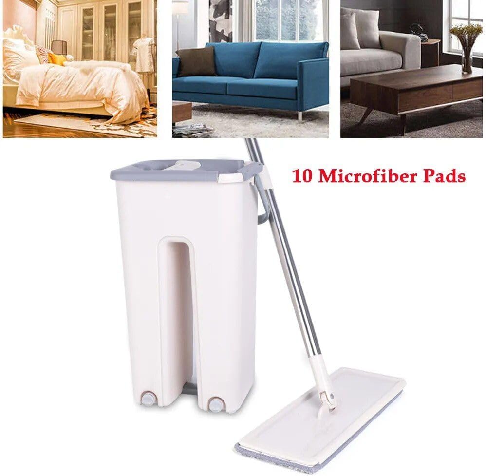 Mop mit Stiel, Eimer & Auswringfunktion | Wischmopp-Set mit Teleskopstange & 10 Mikrofaser-Pads