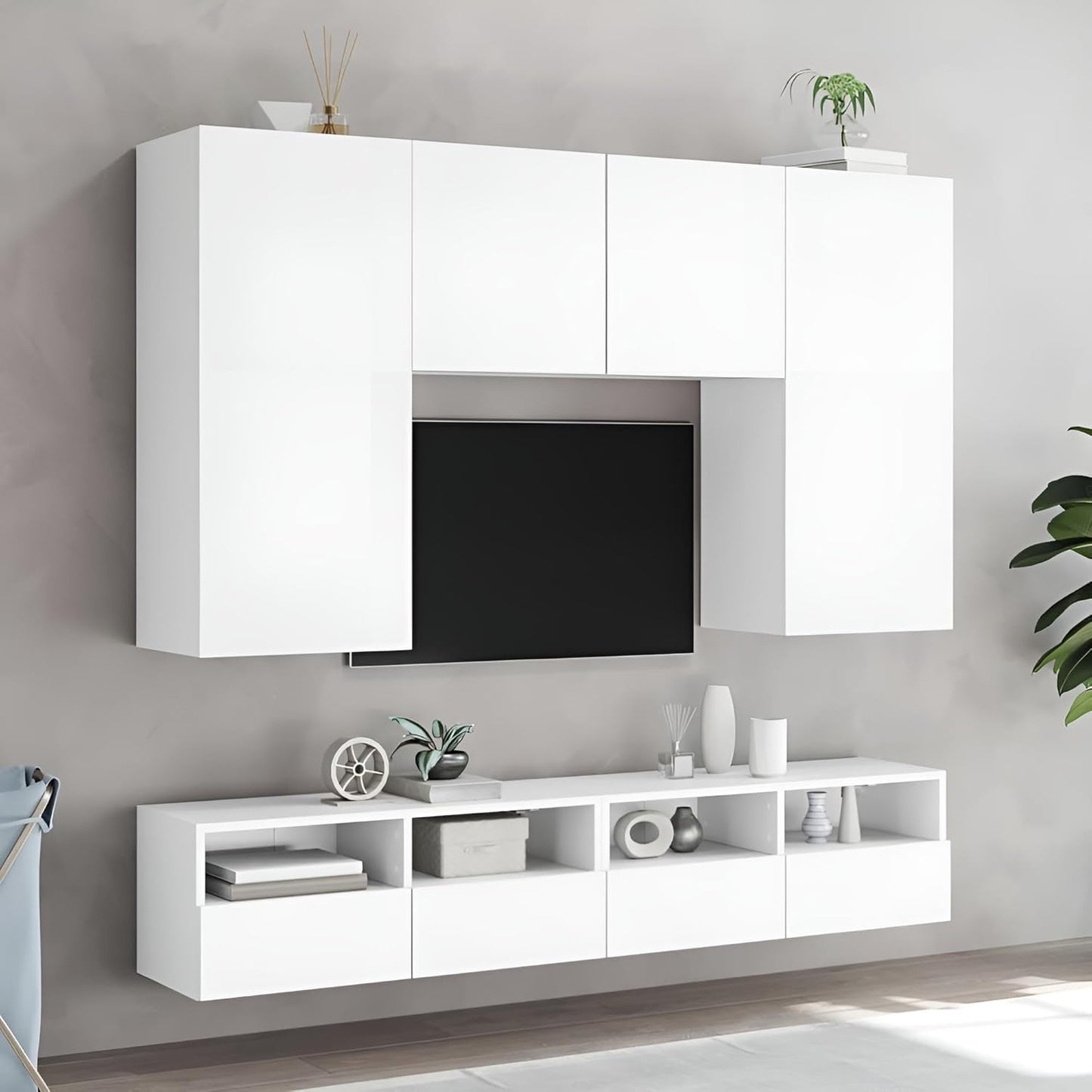 Wohnwand Wohnzimmer 5-teilig klein hängend | Wohnzimmerschrank Weiß, Schwarz, Eiche, Beton für Fernseher bis 35 Zoll | TV Wandschrank Schrankwand aus Holz Gesamtbreite 160 cm (Weiß)