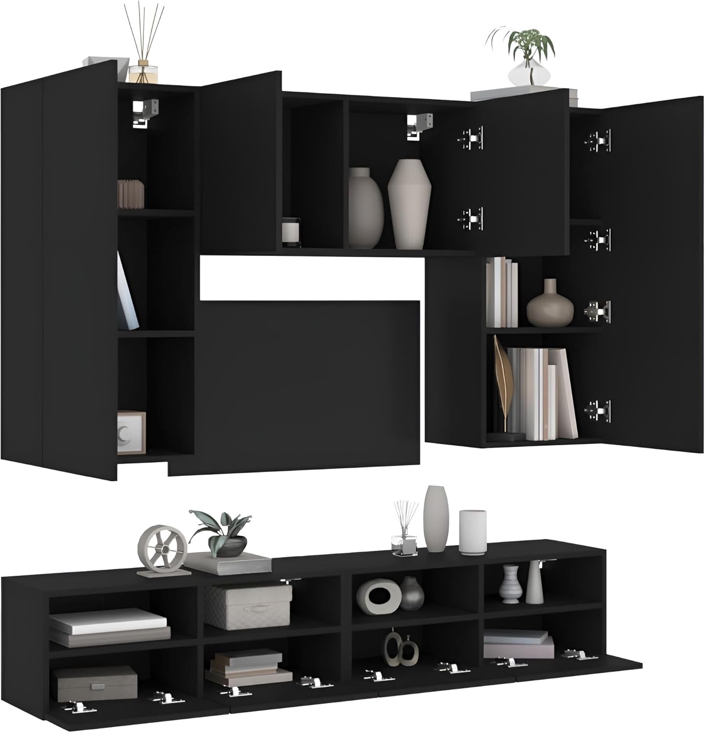 Wohnwand Wohnzimmer 5-teilig klein hängend | Wohnzimmerschrank Weiß, Schwarz, Eiche, Beton für Fernseher bis 35 Zoll | TV Wandschrank Schrankwand aus Holz Gesamtbreite 160 cm (Schwarz)