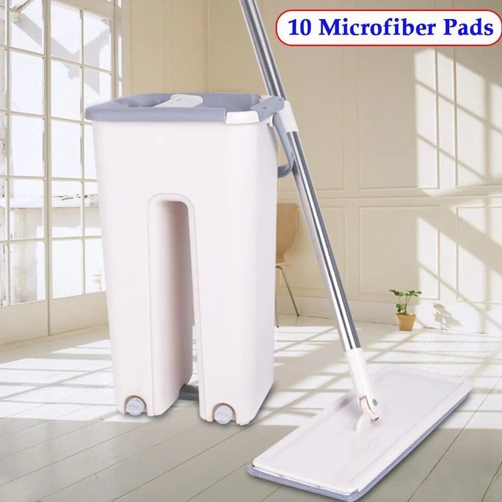 Mop mit Stiel, Eimer & Auswringfunktion | Wischmopp-Set mit Teleskopstange & 10 Mikrofaser-Pads
