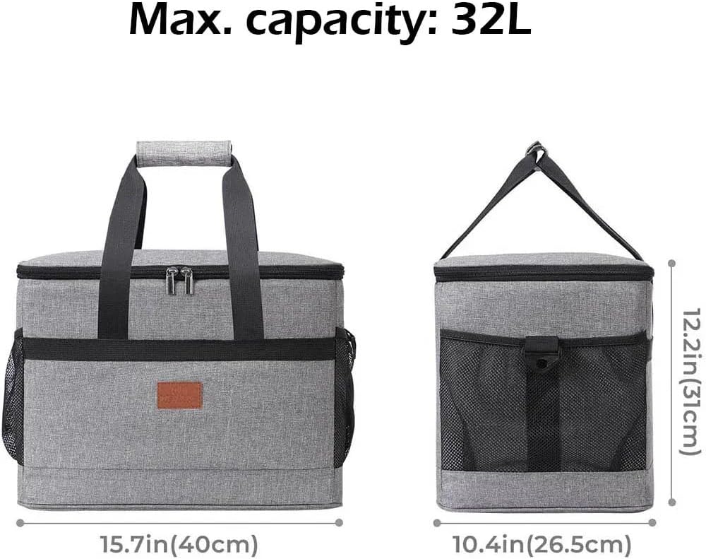 Premium Kühltasche faltbar 32l | Thermotasche groß für Essen & Getränke | Isolierte Frühstückstasche & Lunchtasche | Thermo Tasche Oxford-Gewebe in Grau