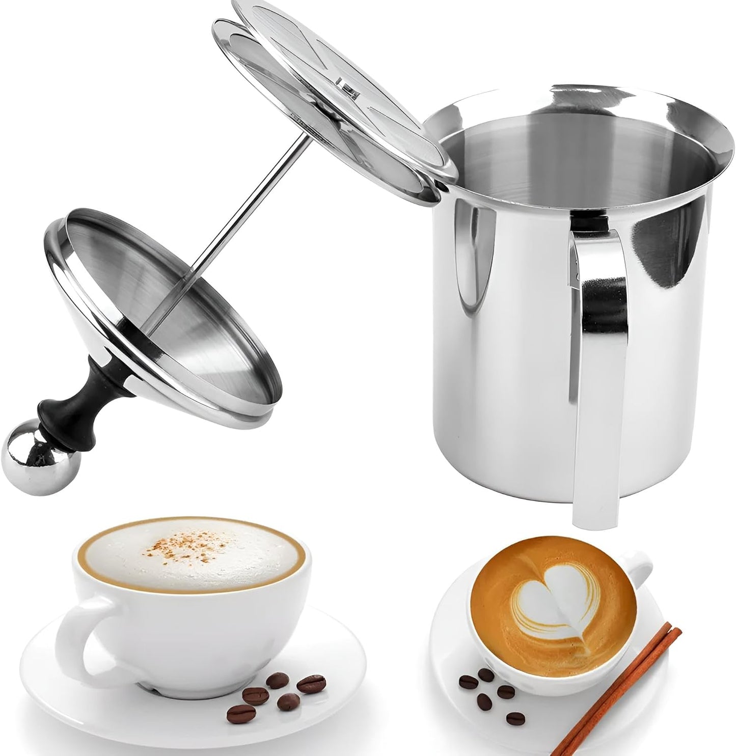 Milchaufschäumer manuell Edelstahl poliert | 400ml für 2-3 Portionen innerhalb kürzester Zeit | Milchschaum händisch machen