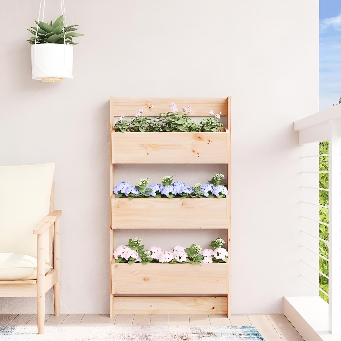 Pflanzenregal indoor & outdoor wetterfest | Pflanzpyramide und Pflanzkübel Holz für Wand mit 3 Etagen | 3x Blumentopf mit Gestell innen & außen | Pflanzkasten & Pflanzgefäß drinnen sowie draußen
