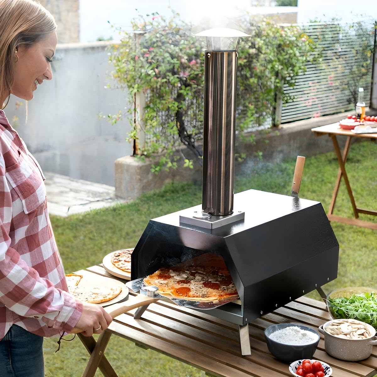 Pizzaofen Outdoor für Tisch und Co. | Garten-Ofen Edelstahl für Holz-Pellets, Holzkohle oder Holzscheite | Bis 500 ºC | Spatel, Stein, Tasche inklusive