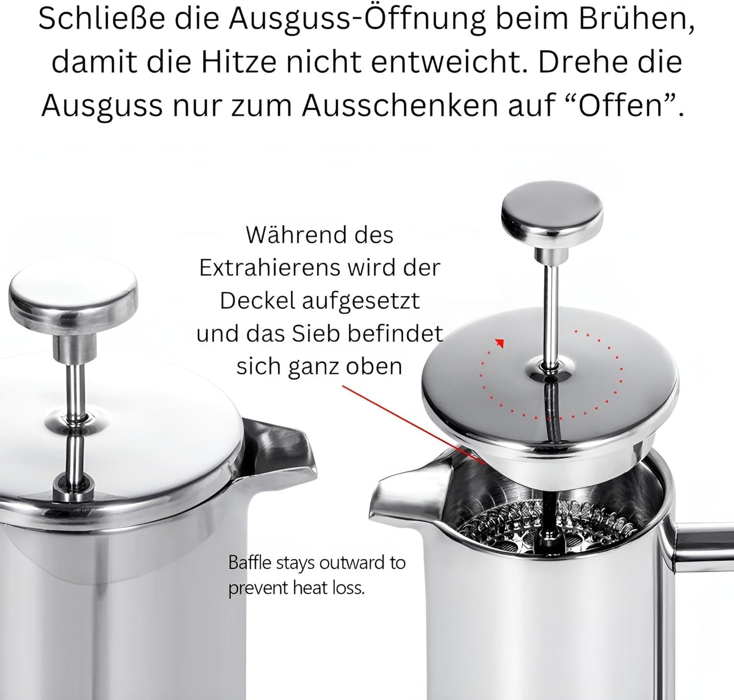 French Press 1 Liter Thermo Edelstahl | Französische Kaffeepresse 1l | Kaffeebereiter für vollmundigen Geschmack - unterwegs beim Camping wie daheim