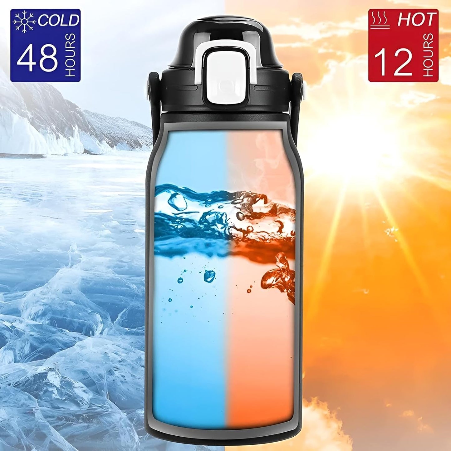 Premium Thermosflasche 2l Trinkflasche | Thermoskanne 2 Liter | Isolierflasche aus Edelstahl (Schwarz)