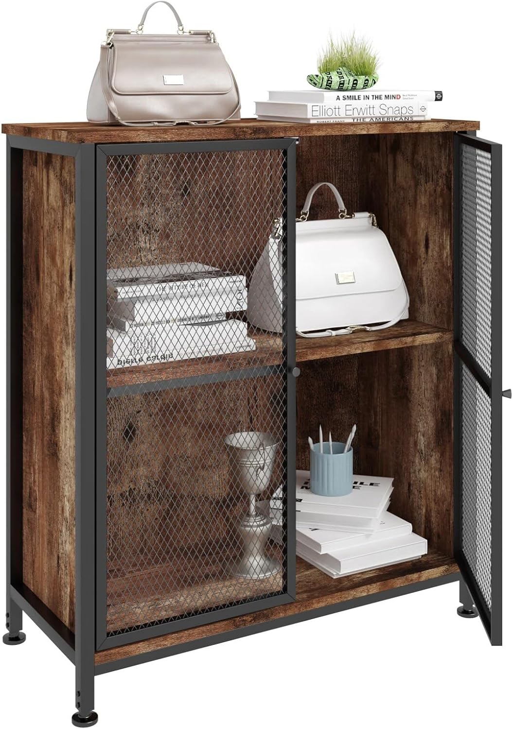 Premium Wohnzimmerschrank Holz Landhausstil | Küchenschrank Vintage braun | Organizer Regal schmal