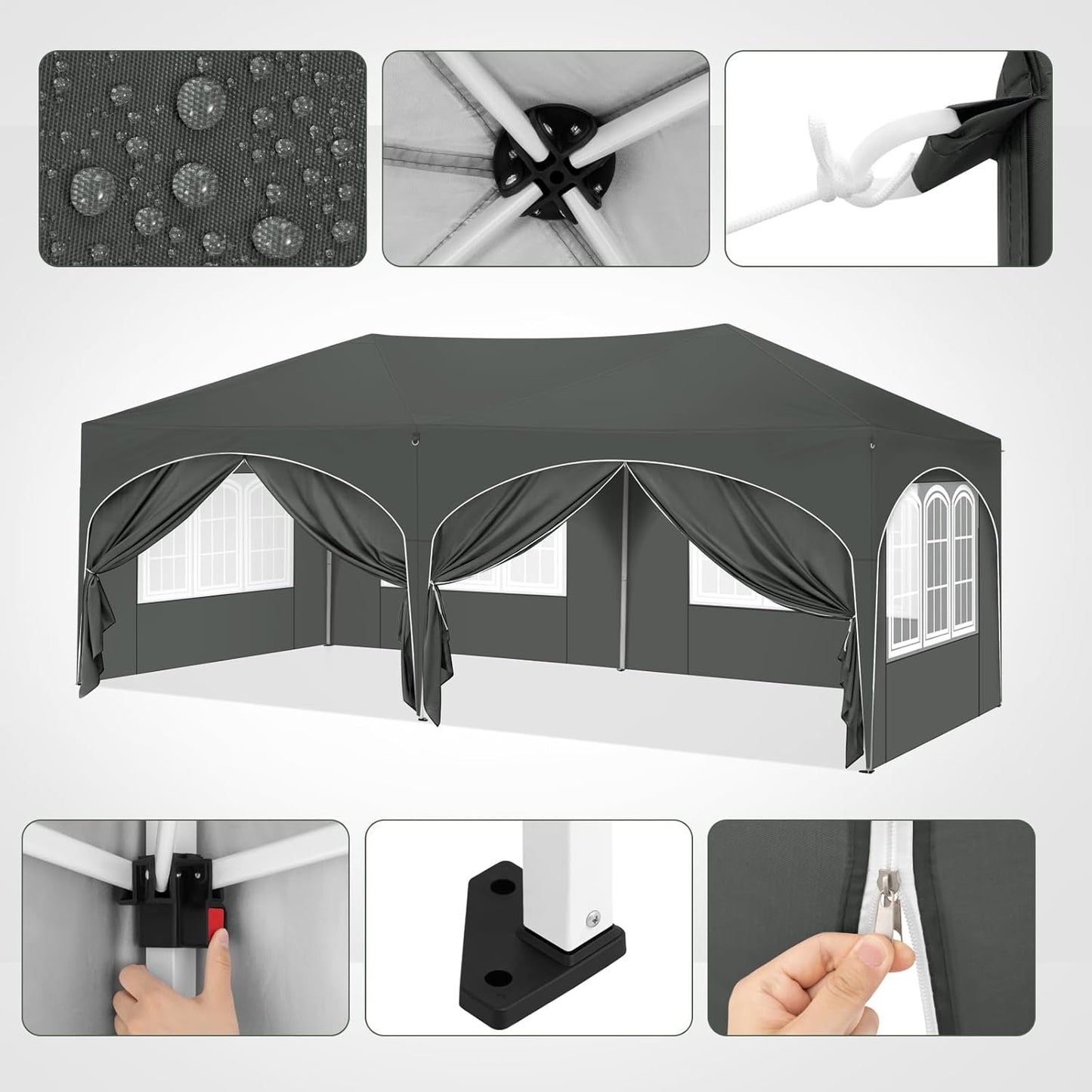 Pavillon klappbar 3x6 mit Seitenwänden/Wahlweise in Beige & Grau (Grau)