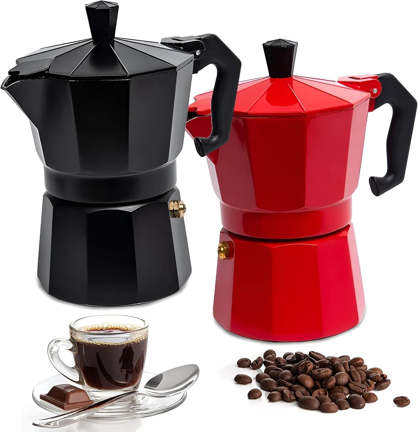 Espressomaschine & Espressokocher 6 Tassen in Schwarz oder Rot | Espressokanne & Mokkakanne | Legiertes Aluminium (Schwarz)