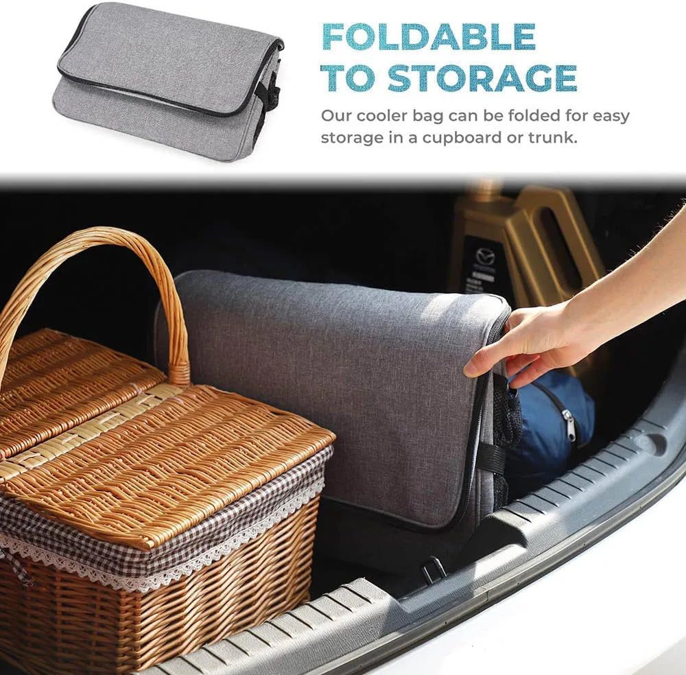Premium Kühltasche faltbar 32l | Thermotasche groß für Essen & Getränke | Isolierte Frühstückstasche & Lunchtasche | Thermo Tasche Oxford-Gewebe in Grau