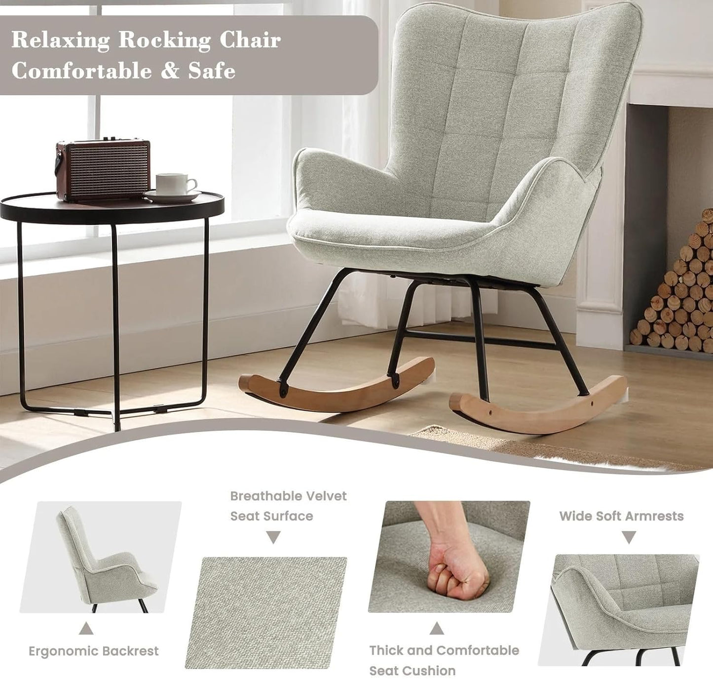 Luxus Schaukelstuhl modern grau | Wohnzimmer Schaukelsessel Stuhl 150 kg | Auch als Stillsessel geeignet