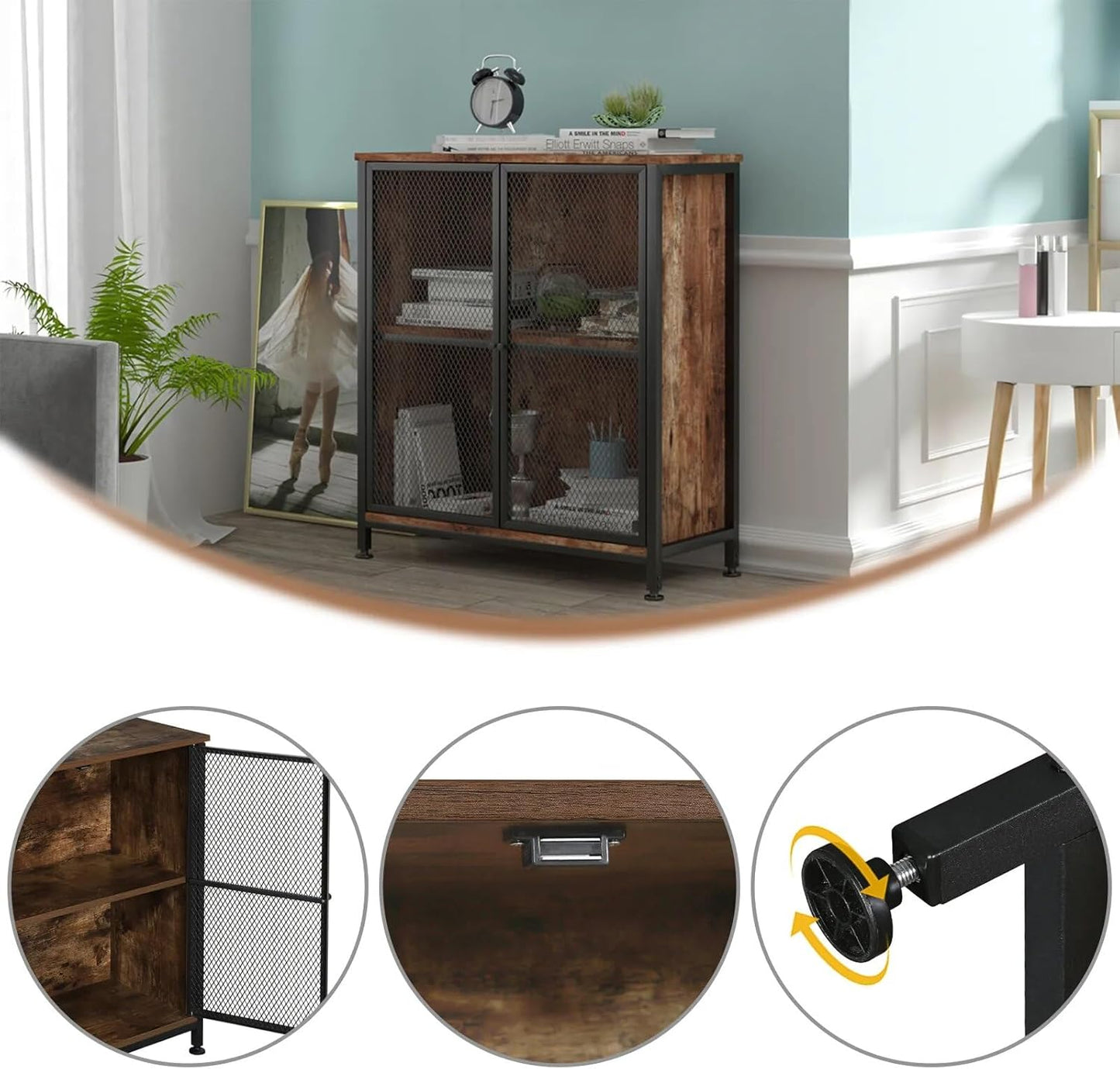 Premium Wohnzimmerschrank Holz Landhausstil | Küchenschrank Vintage braun | Organizer Regal schmal