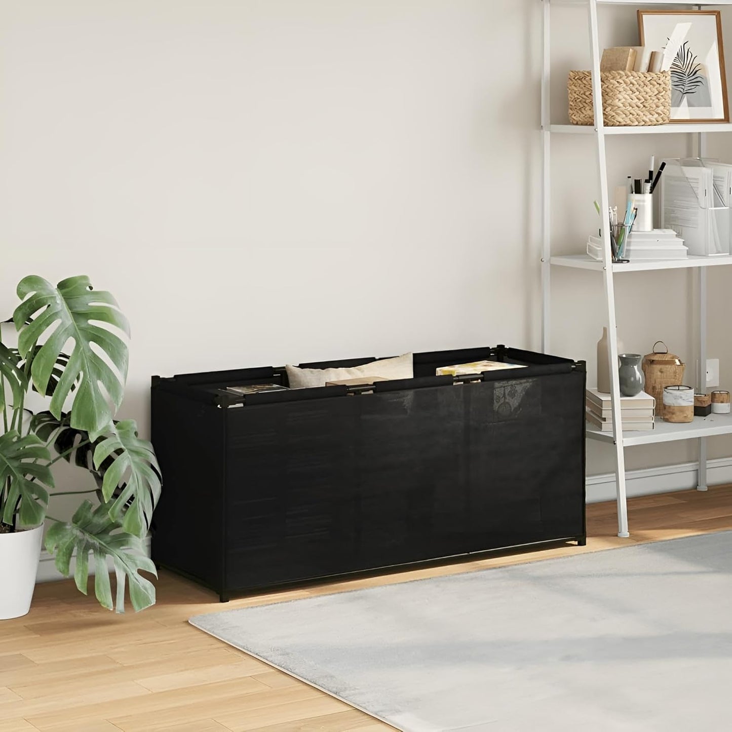 Polster Aufbewahrungsbox indoor | Stauraum-Box, Kissenbox, Stoff-Truhe | Kiste Schwarz aus Vlies-Stoff & Metall für drinnen