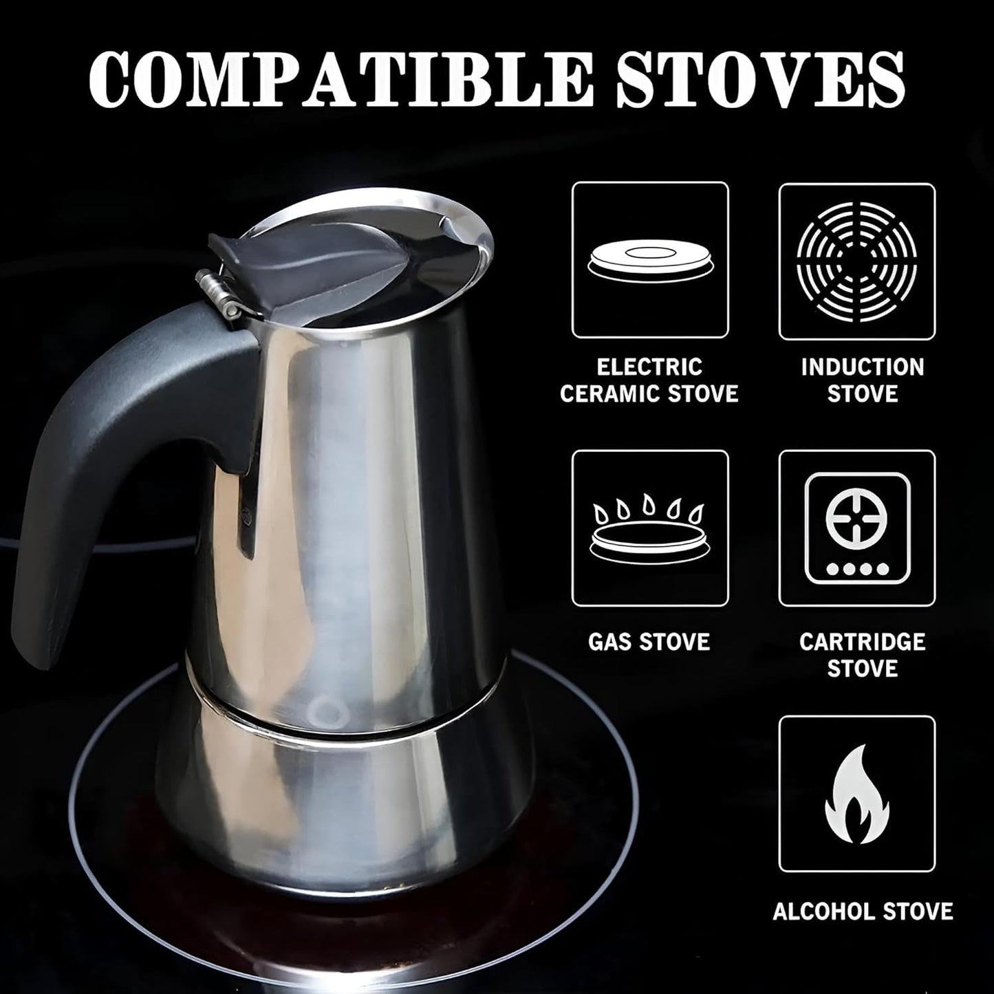 Espressokocher Induktion 2 Tassen & 8 Tassen | Espressomaschine Edelstahl 200ml & 400ml | Kaffeekocher, Kaffeebereiter, Camping Kaffeemaschine (450 ml)