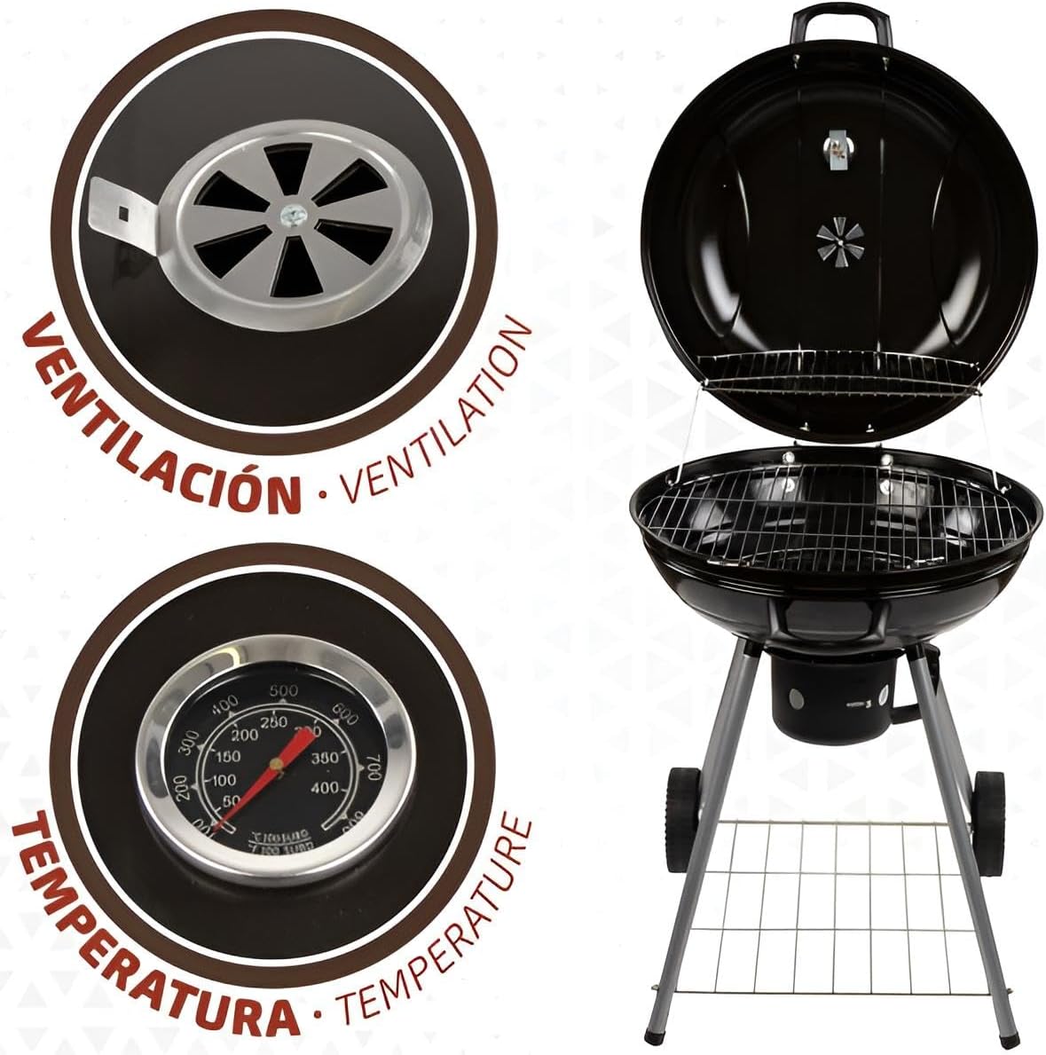 Premium Kugelgrill 57 cm Edelstahl mit Deckel-Thermometer | Holzkohlegrill mit Rollen, Belüftung & Warmhalterost